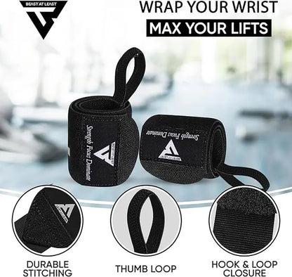 BEAST at LEAST Weightlifting Wrist Wraps 18 Heavy Duty Cotton Wrist Support with Thumb Loop for Powerlifting, Strength Training & Bodybuilding Workout Accessories